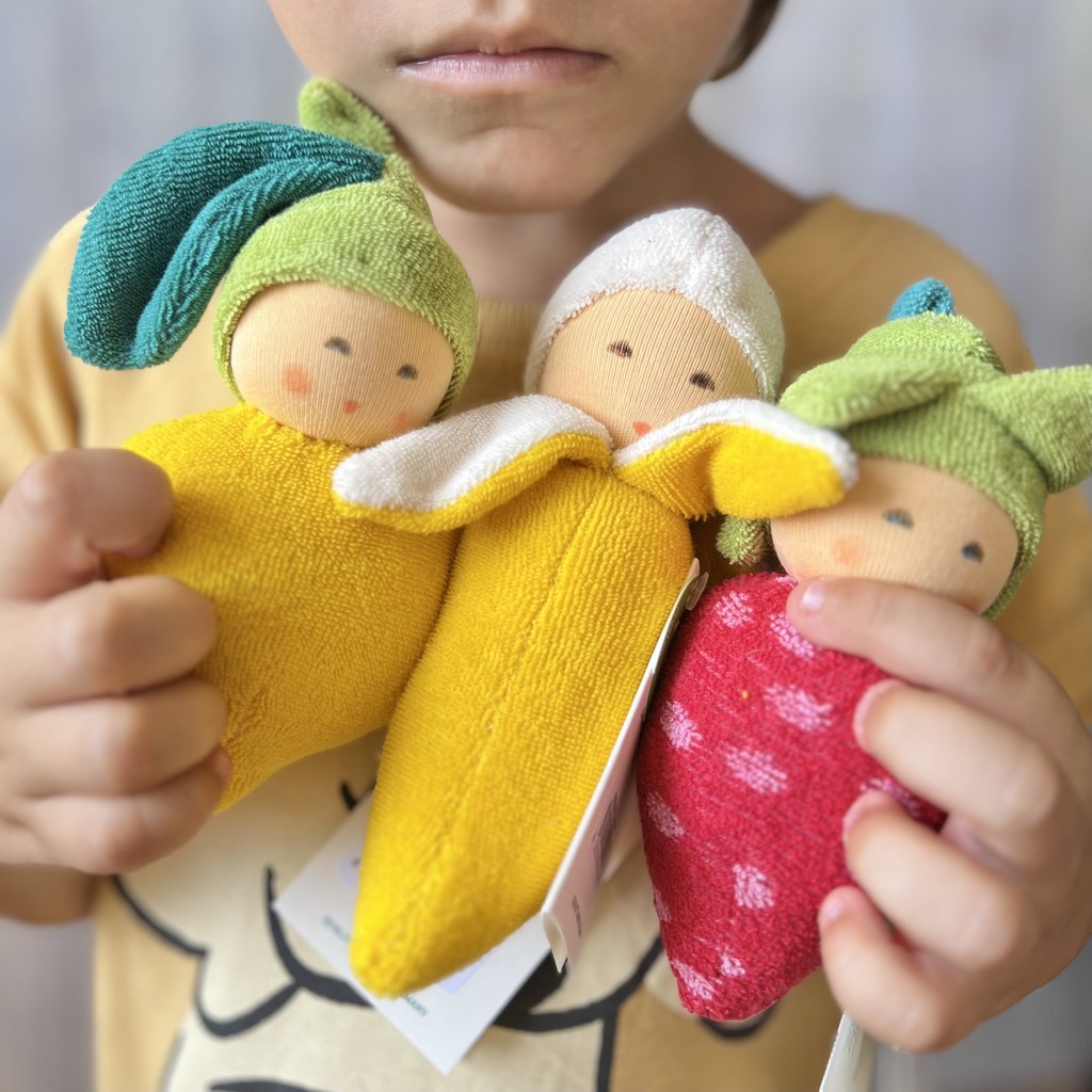 Organic rattle for babies in banana, lemon, and strawberry shapes, perfect baby gift