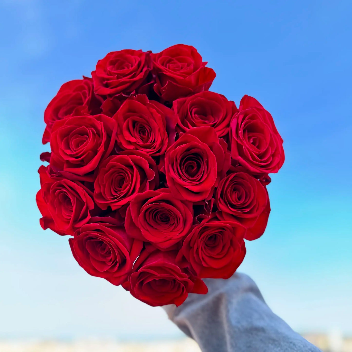 Hand-tied bouquet of red roses held by person in jacket with sky background - Flower delivery in Barcelona Florster