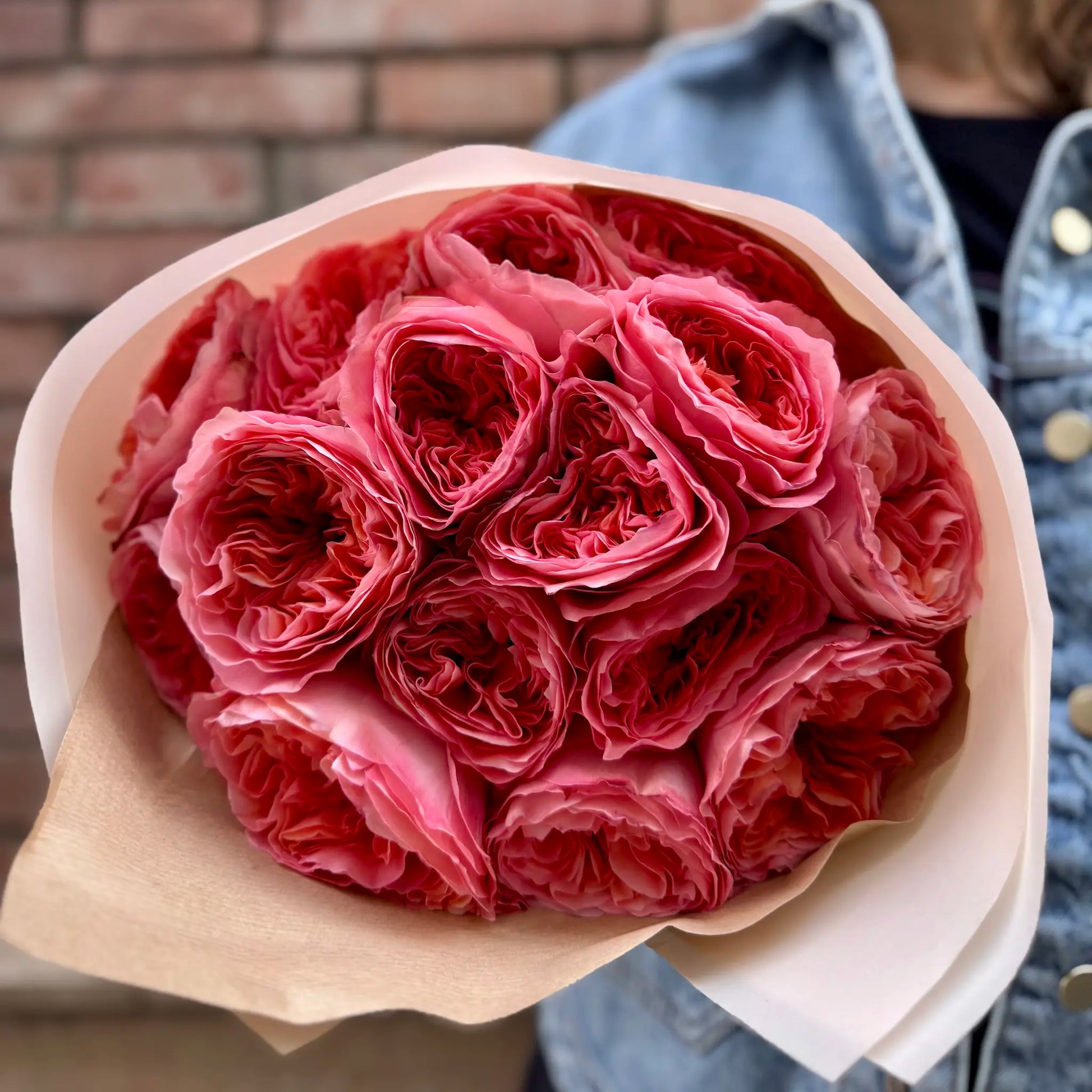 Bouquet of pink roses wrapped in brown paper held by a person wearing a denim jacket.