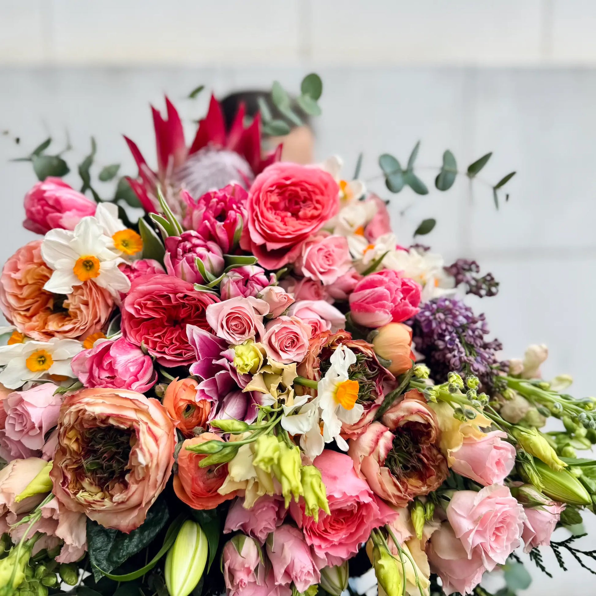 Bouquet of colorful flowers with a light gray background