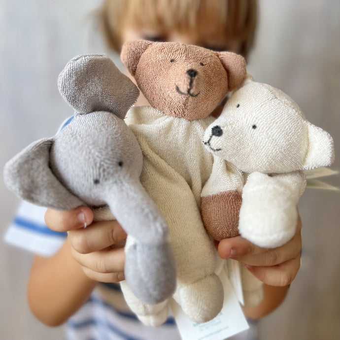 Organic bears and elephant soft toy for new baby with rattle 