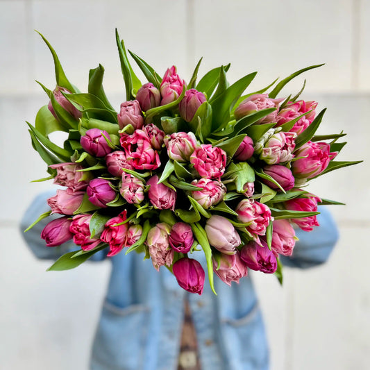Bouquet of pink tulips held by a person wearing a blue denim jacket.